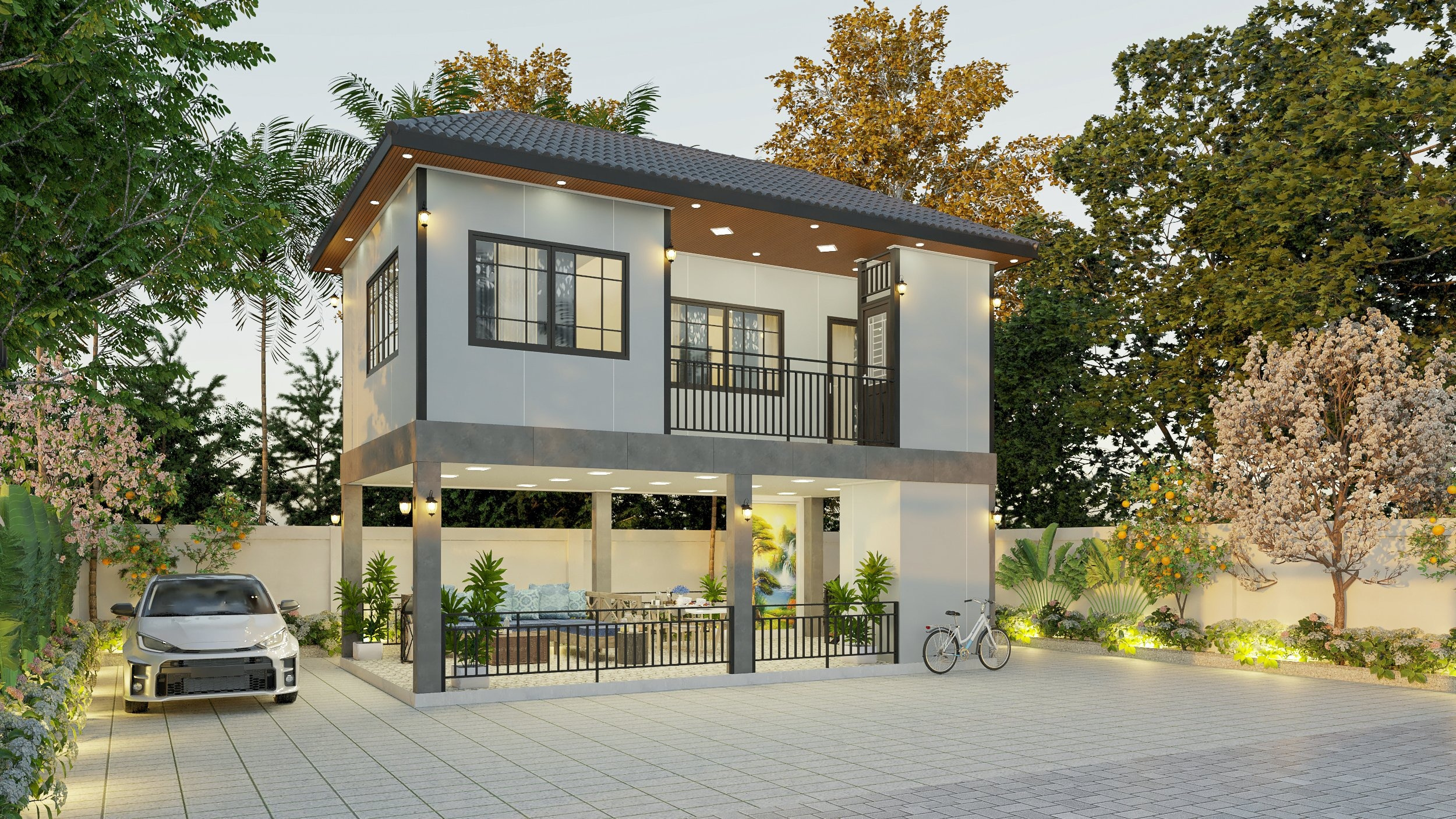 Thi công nhà lắp ghép cửa kính cường lực sang trọng, tận dụng tối đa ánh sáng và ngắm cảnh sân vườn tại Tây Ninh.